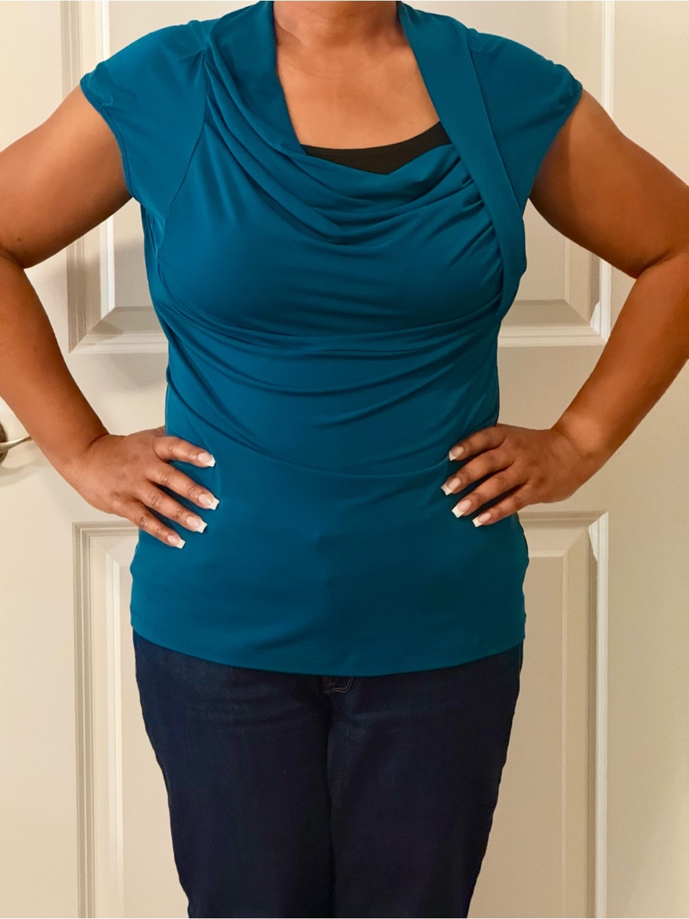 Worthington Teal Cowl Neck Short Sleeve Top